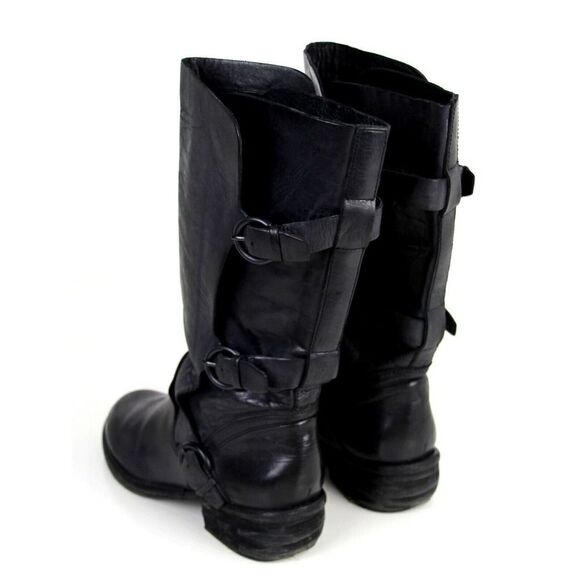 Trouve BLACK GENUINE LEATHER LOW HEEL PULL ON STRAP BUCKLE ROUND TOE BOOTS 6.5B - Picture 4 of 11
